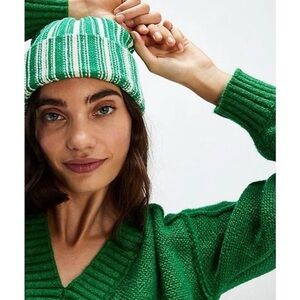 Free People Desert Stripe Beanie Green NWT Cozy Knit Boho Winter Hat